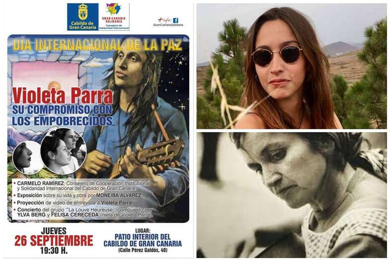 Cartel de evento (izquierda); Moneiba Alvárez (derecha superior) y Violeta Parra (Foto TA)
